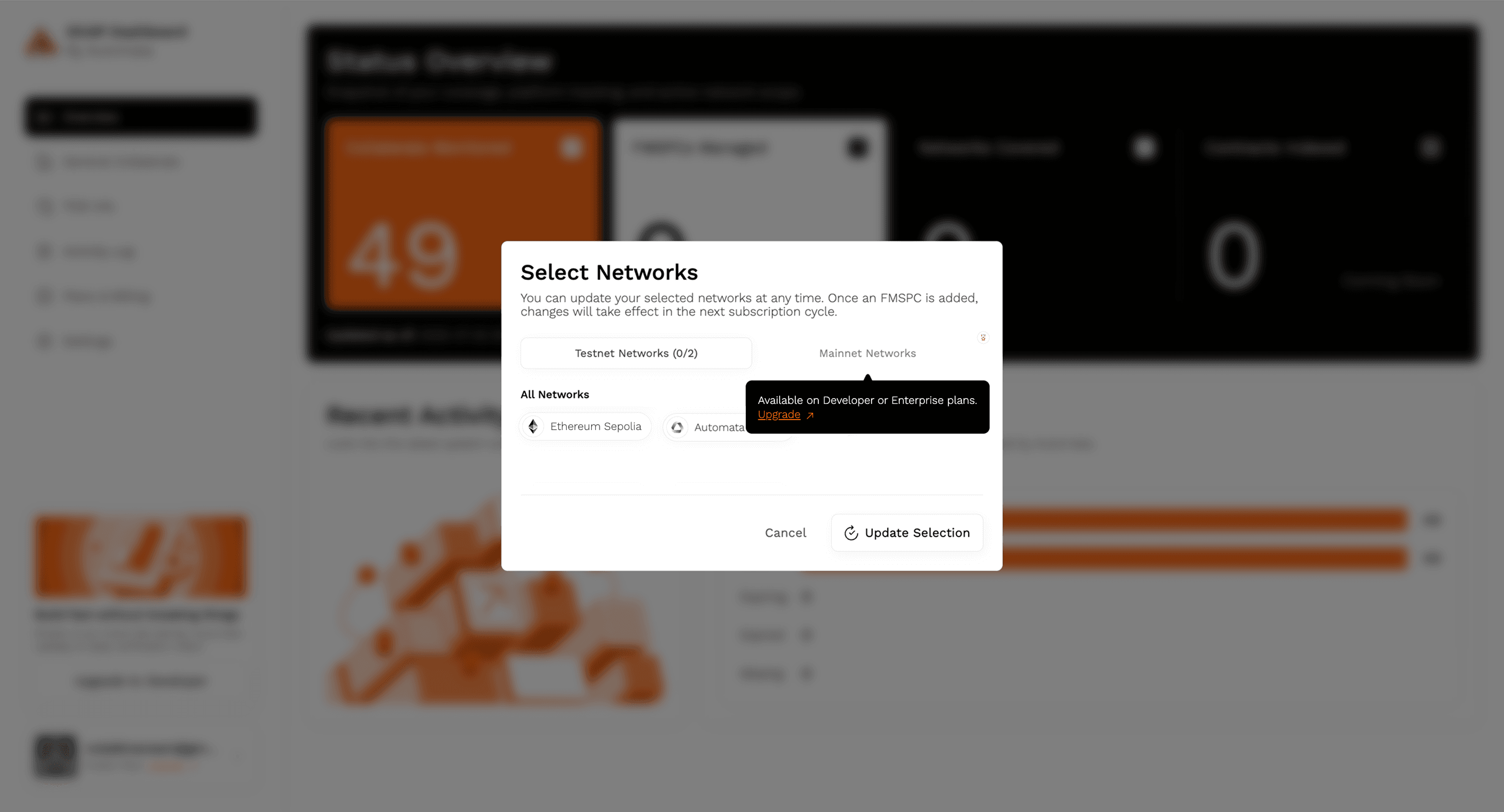 Testnet and mainnet tabs